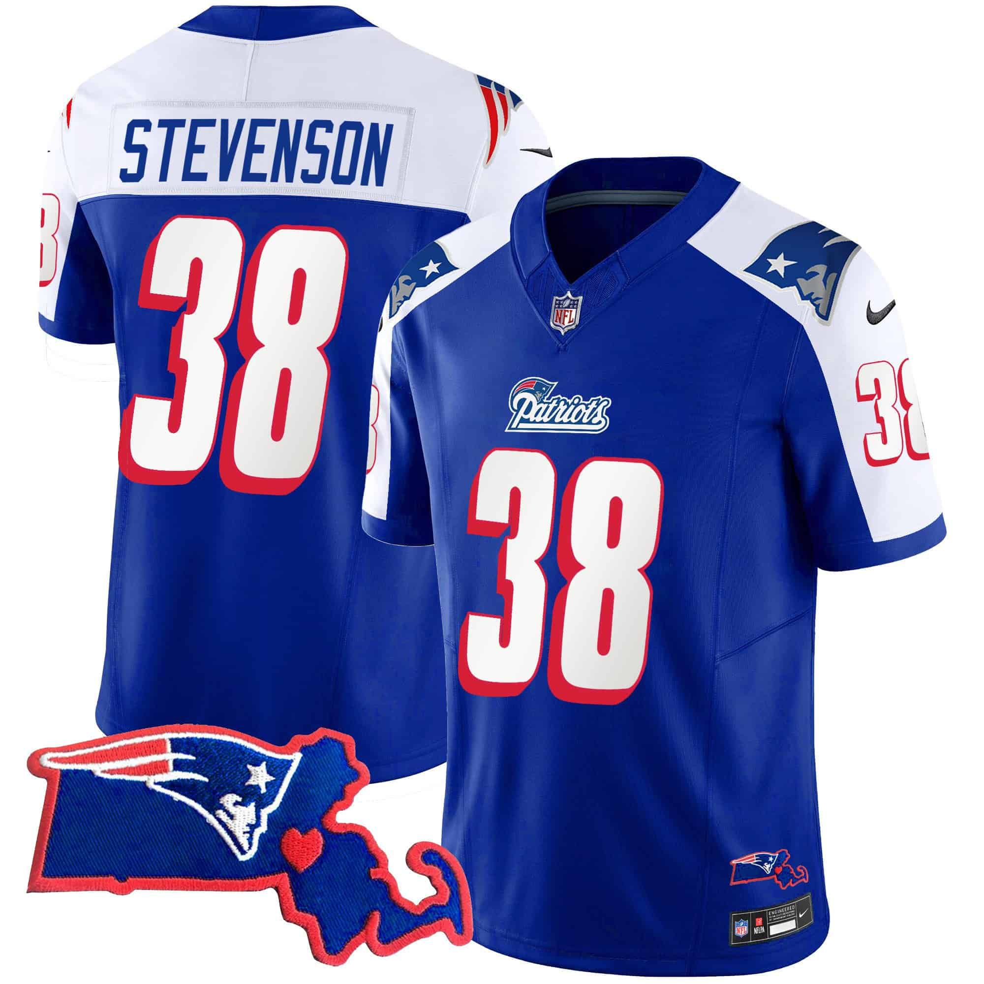 Men New England Patriots #38 Stevenson Blue 2024 Nike Patch Vapor Limited NFL Jersey